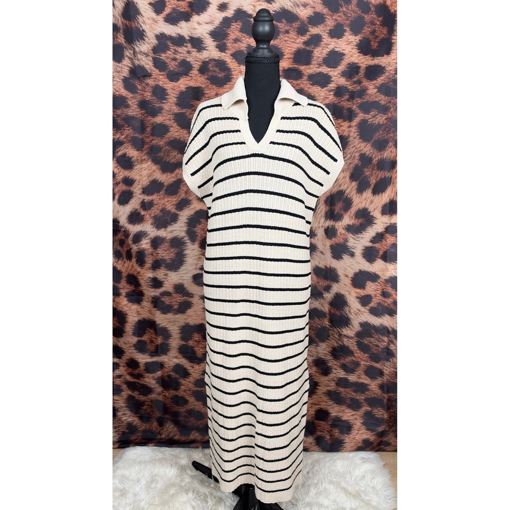 NWT Striped Knit Polo Collar V-Neck Sleeveless Maxi Dress